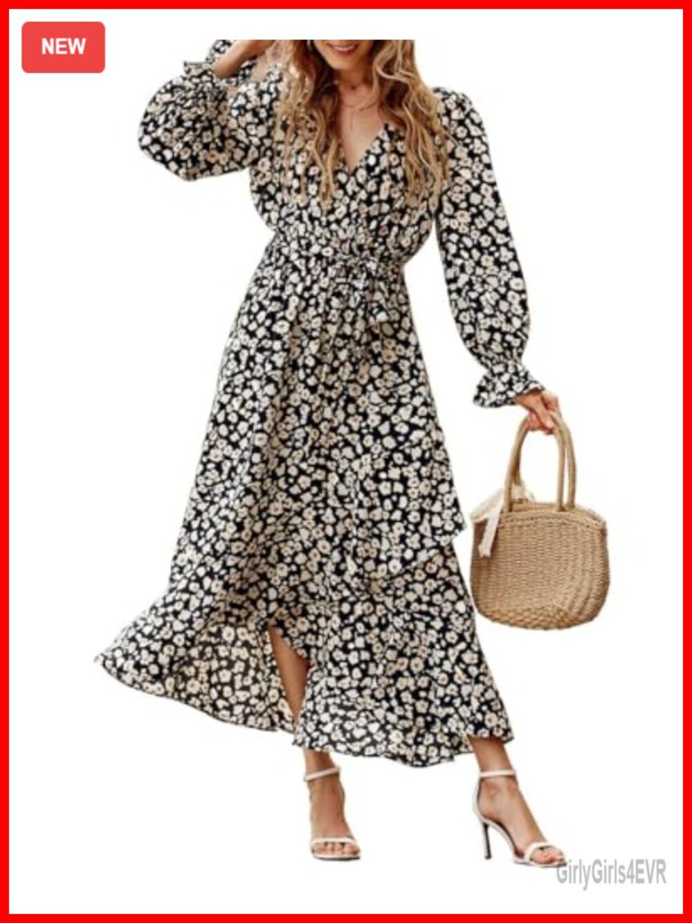 BTFBM Women's Boho Floral Maxi Wrap Dress Long Puff Sleeve High Low